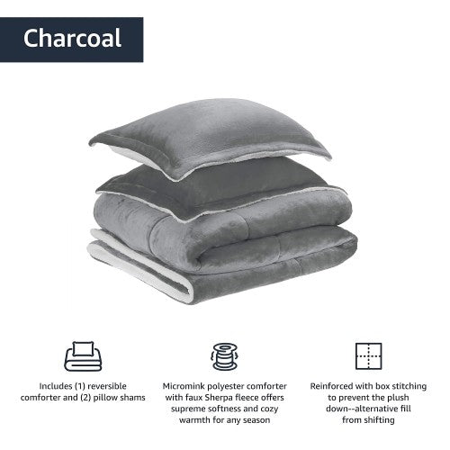 3-Piece Bedding Set, Micromink Sherpa Blanket Bed Set with 2 Pillow Shams, Ultra-Soft, Fray- Resistant (Charcoal) - Full / Queen 3-Piece Bedding Set, Micromink Sherpa Blanket Bed Set with 2 Pillow Shams, Ultra-Soft, Fray- Resistant (Charcoal) - Full / Queen
